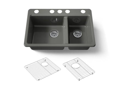 Kohler - Riverby 33 Inch Undermount Offset Double-Bowl Workstation Kitchen Sink With Accessories - 5 Hole