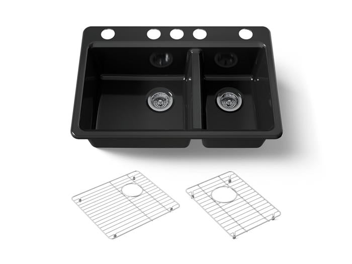 Kohler - Riverby 33 Inch Undermount Offset Double-Bowl Workstation Kitchen Sink With Accessories - 5 Hole