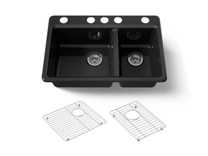 Kohler - Riverby 33 Inch Undermount Offset Double-Bowl Workstation Kitchen Sink With Accessories - 5 Hole