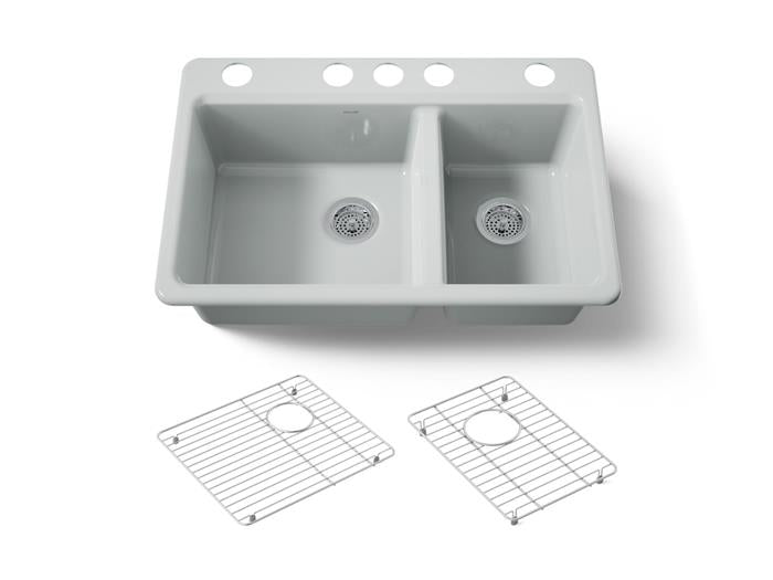 Kohler - Riverby 33 Inch Undermount Offset Double-Bowl Workstation Kitchen Sink With Accessories - 5 Hole