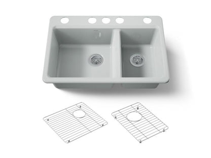 Kohler - Riverby 33 Inch Undermount Offset Double-Bowl Workstation Kitchen Sink With Accessories - 5 Hole