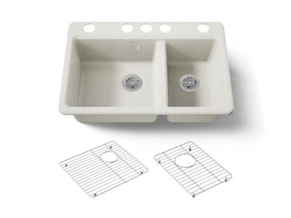 Kohler - Riverby 33 Inch Undermount Offset Double-Bowl Workstation Kitchen Sink With Accessories - 5 Hole