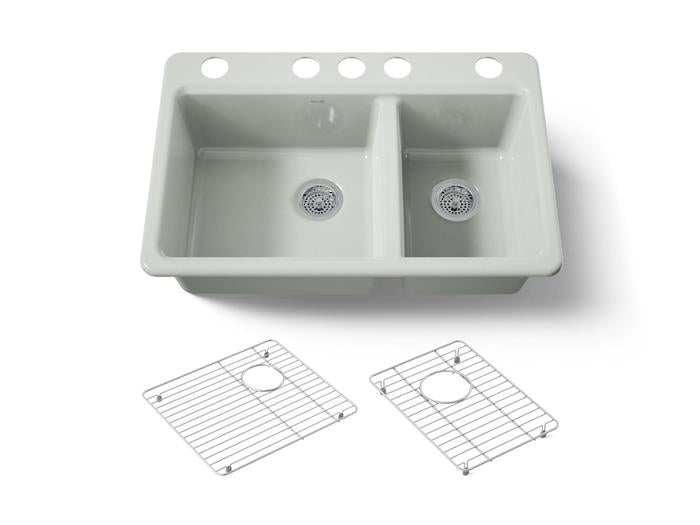 Kohler - Riverby 33 Inch Undermount Offset Double-Bowl Workstation Kitchen Sink With Accessories - 5 Hole