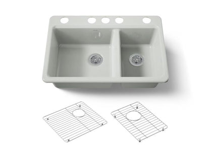 Kohler - Riverby 33 Inch Undermount Offset Double-Bowl Workstation Kitchen Sink With Accessories - 5 Hole