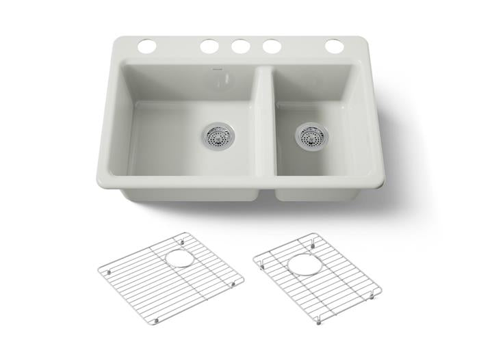Kohler - Riverby 33 Inch Undermount Offset Double-Bowl Workstation Kitchen Sink With Accessories - 5 Hole