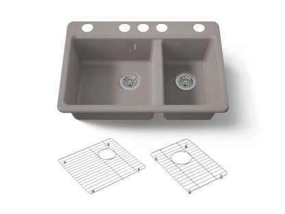 Kohler - Riverby 33 Inch Undermount Offset Double-Bowl Workstation Kitchen Sink With Accessories - 5 Hole