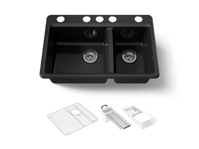 Kohler - Riverby 33 Inch Undermount Offset Double-Bowl Workstation Kitchen Sink With Accessories - 5 Hole