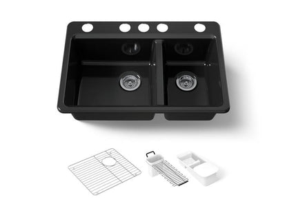 Kohler - Riverby 33 Inch Undermount Offset Double-Bowl Workstation Kitchen Sink With Accessories - 5 Hole