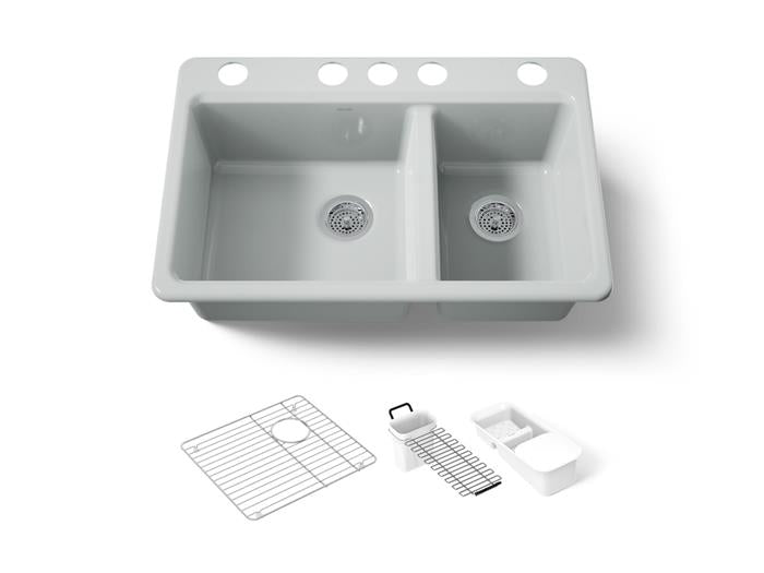 Kohler - Riverby 33 Inch Undermount Offset Double-Bowl Workstation Kitchen Sink With Accessories - 5 Hole