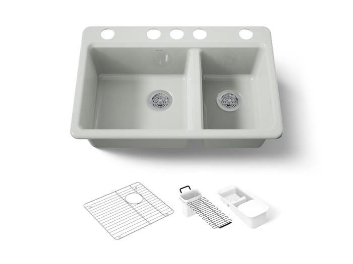 Kohler - Riverby 33 Inch Undermount Offset Double-Bowl Workstation Kitchen Sink With Accessories - 5 Hole