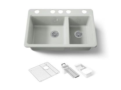 Kohler - Riverby 33 Inch Undermount Offset Double-Bowl Workstation Kitchen Sink With Accessories - 5 Hole