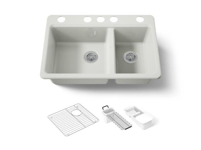 Kohler - Riverby 33 Inch Undermount Offset Double-Bowl Workstation Kitchen Sink With Accessories - 5 Hole