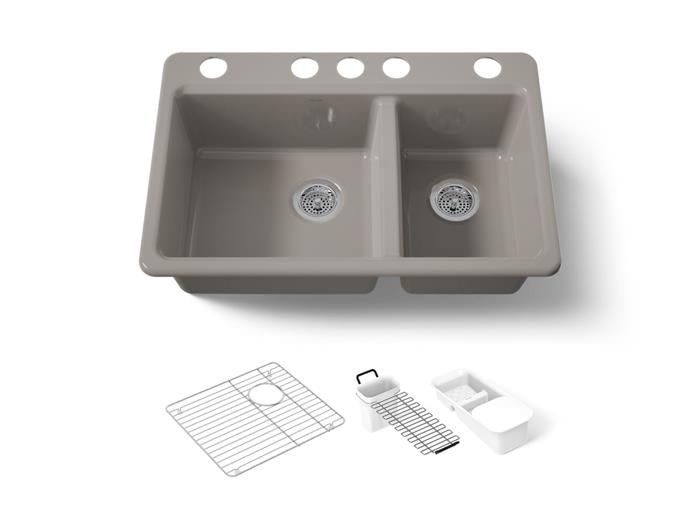 Kohler - Riverby 33 Inch Undermount Offset Double-Bowl Workstation Kitchen Sink With Accessories - 5 Hole