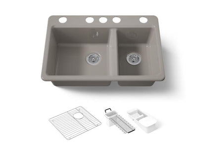 Kohler - Riverby 33 Inch Undermount Offset Double-Bowl Workstation Kitchen Sink With Accessories - 5 Hole