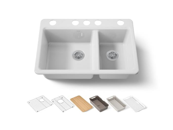 Kohler - Riverby 33 Inch Undermount Offset Double-Bowl Workstation Kitchen Sink With Accessories - 5 Hole