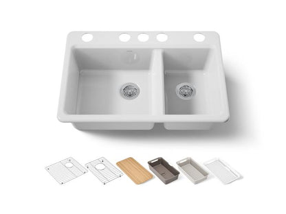 Kohler - Riverby 33 Inch Undermount Offset Double-Bowl Workstation Kitchen Sink With Accessories - 5 Hole