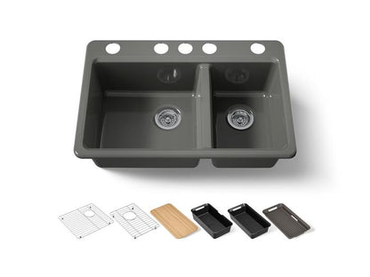 Kohler - Riverby 33 Inch Undermount Offset Double-Bowl Workstation Kitchen Sink With Accessories - 5 Hole