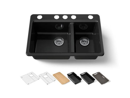 Kohler - Riverby 33 Inch Undermount Offset Double-Bowl Workstation Kitchen Sink With Accessories - 5 Hole