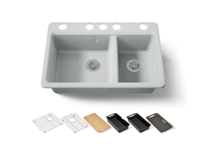 Kohler - Riverby 33 Inch Undermount Offset Double-Bowl Workstation Kitchen Sink With Accessories - 5 Hole