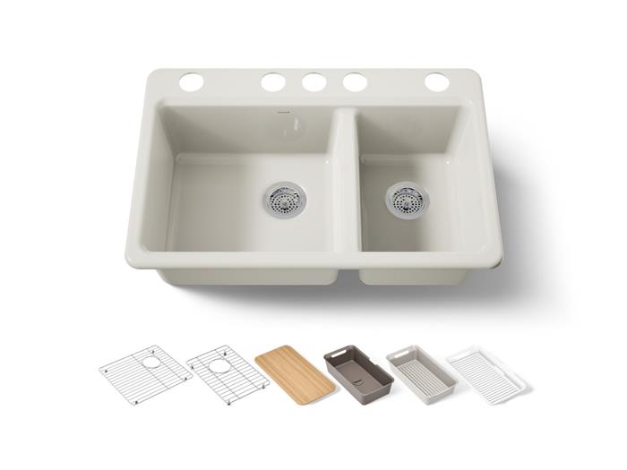 Kohler - Riverby 33 Inch Undermount Offset Double-Bowl Workstation Kitchen Sink With Accessories - 5 Hole