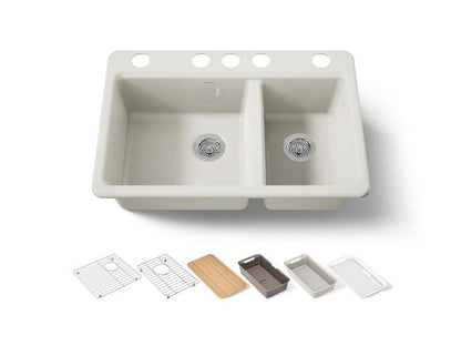 Kohler - Riverby 33 Inch Undermount Offset Double-Bowl Workstation Kitchen Sink With Accessories - 5 Hole