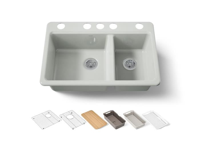 Kohler - Riverby 33 Inch Undermount Offset Double-Bowl Workstation Kitchen Sink With Accessories - 5 Hole