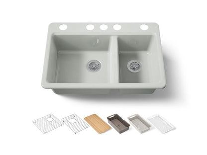Kohler - Riverby 33 Inch Undermount Offset Double-Bowl Workstation Kitchen Sink With Accessories - 5 Hole