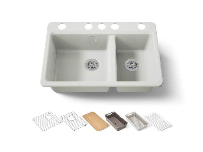 Kohler - Riverby 33 Inch Undermount Offset Double-Bowl Workstation Kitchen Sink With Accessories - 5 Hole