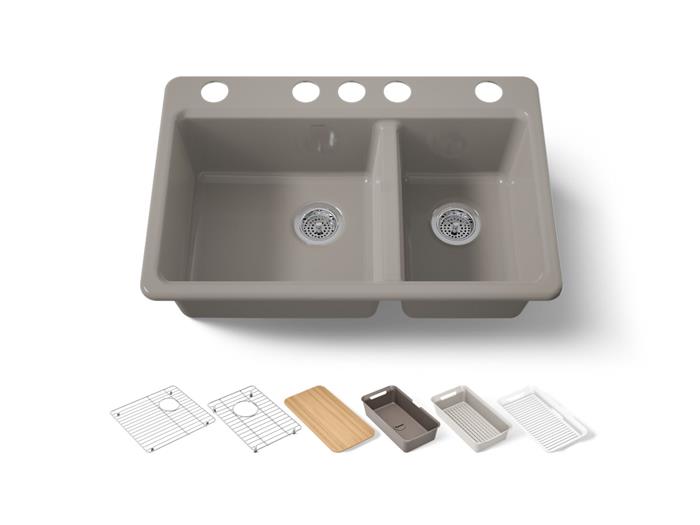 Kohler - Riverby 33 Inch Undermount Offset Double-Bowl Workstation Kitchen Sink With Accessories - 5 Hole