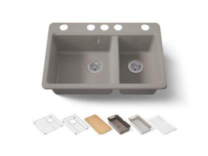 Kohler - Riverby 33 Inch Undermount Offset Double-Bowl Workstation Kitchen Sink With Accessories - 5 Hole