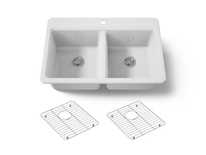 Kohler - Riverby 33 Inch Top-Mount Double-Bowl Workstation Kitchen Sink With Accessories - Single Hole
