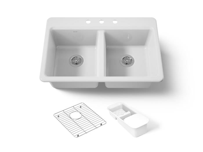 Kohler - Riverby 33 Inch Top-Mount Double-Bowl Workstation Kitchen Sink With Accessories - 3-Hole