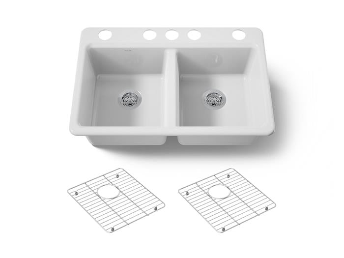 Kohler - Riverby 33 Inch Undermount Double-Bowl Workstation Kitchen Sink With Accessories - 5 Hole