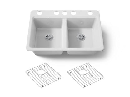 Kohler - Riverby 33 Inch Undermount Double-Bowl Workstation Kitchen Sink With Accessories - 5 Hole