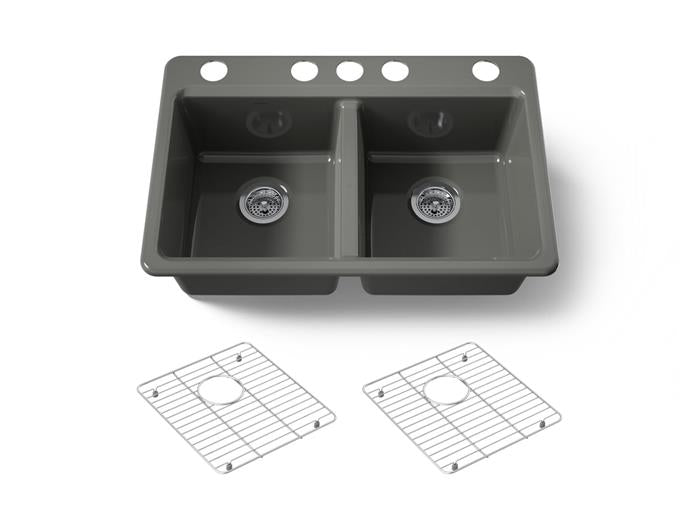 Kohler - Riverby 33 Inch Undermount Double-Bowl Workstation Kitchen Sink With Accessories - 5 Hole