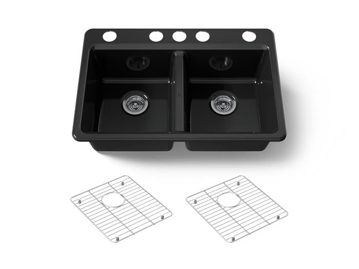 Kohler - Riverby 33 Inch Undermount Double-Bowl Workstation Kitchen Sink With Accessories - 5 Hole