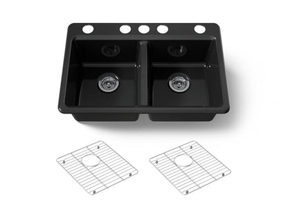 Kohler - Riverby 33 Inch Undermount Double-Bowl Workstation Kitchen Sink With Accessories - 5 Hole