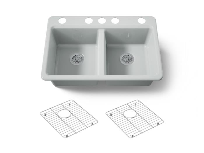 Kohler - Riverby 33 Inch Undermount Double-Bowl Workstation Kitchen Sink With Accessories - 5 Hole