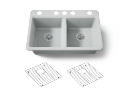 Kohler - Riverby 33 Inch Undermount Double-Bowl Workstation Kitchen Sink With Accessories - 5 Hole