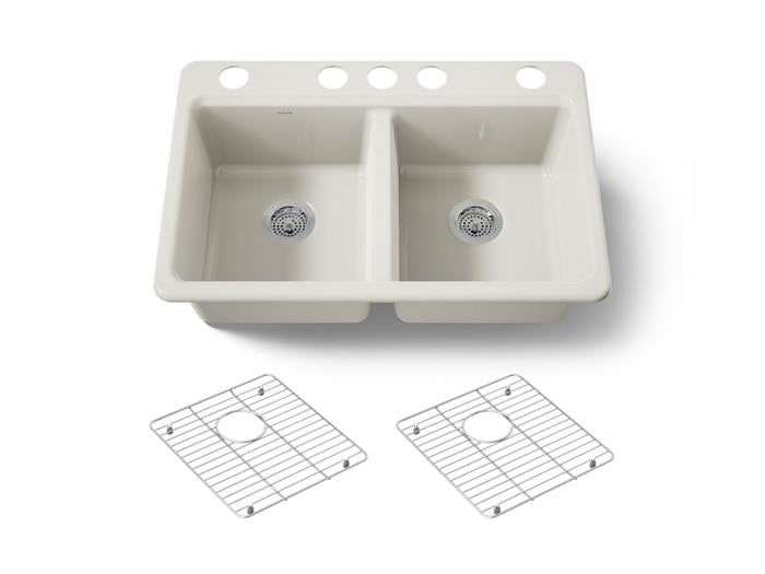 Kohler - Riverby 33 Inch Undermount Double-Bowl Workstation Kitchen Sink With Accessories - 5 Hole