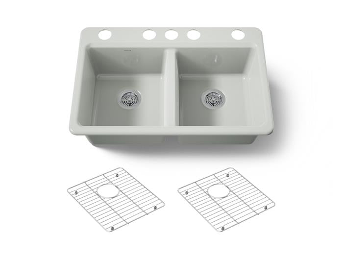 Kohler - Riverby 33 Inch Undermount Double-Bowl Workstation Kitchen Sink With Accessories - 5 Hole