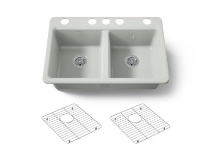 Kohler - Riverby 33 Inch Undermount Double-Bowl Workstation Kitchen Sink With Accessories - 5 Hole
