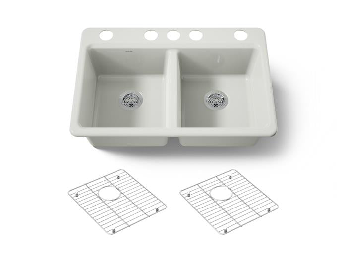Kohler - Riverby 33 Inch Undermount Double-Bowl Workstation Kitchen Sink With Accessories - 5 Hole