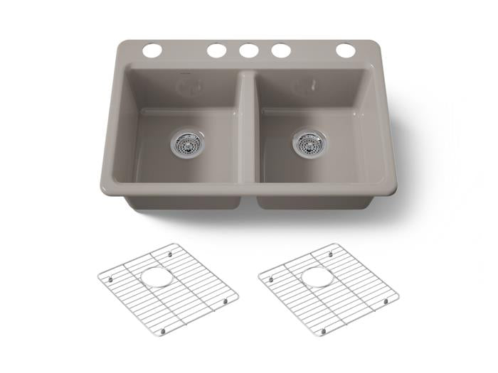 Kohler - Riverby 33 Inch Undermount Double-Bowl Workstation Kitchen Sink With Accessories - 5 Hole