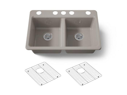 Kohler - Riverby 33 Inch Undermount Double-Bowl Workstation Kitchen Sink With Accessories - 5 Hole