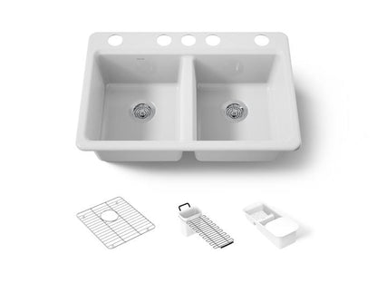 Kohler - Riverby 33 Inch Undermount Double-Bowl Workstation Kitchen Sink With Accessories - 5 Hole