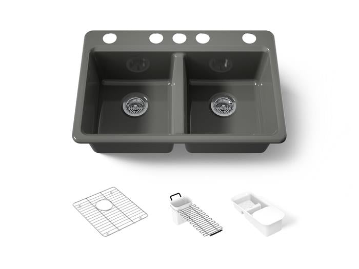 Kohler - Riverby 33 Inch Undermount Double-Bowl Workstation Kitchen Sink With Accessories - 5 Hole