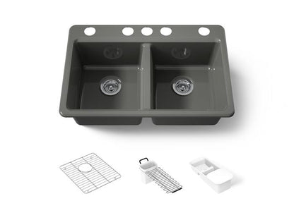 Kohler - Riverby 33 Inch Undermount Double-Bowl Workstation Kitchen Sink With Accessories - 5 Hole