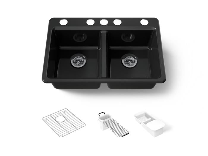 Kohler - Riverby 33 Inch Undermount Double-Bowl Workstation Kitchen Sink With Accessories - 5 Hole
