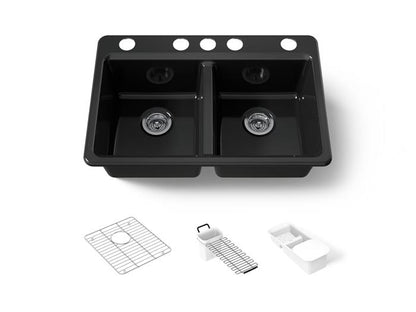 Kohler - Riverby 33 Inch Undermount Double-Bowl Workstation Kitchen Sink With Accessories - 5 Hole